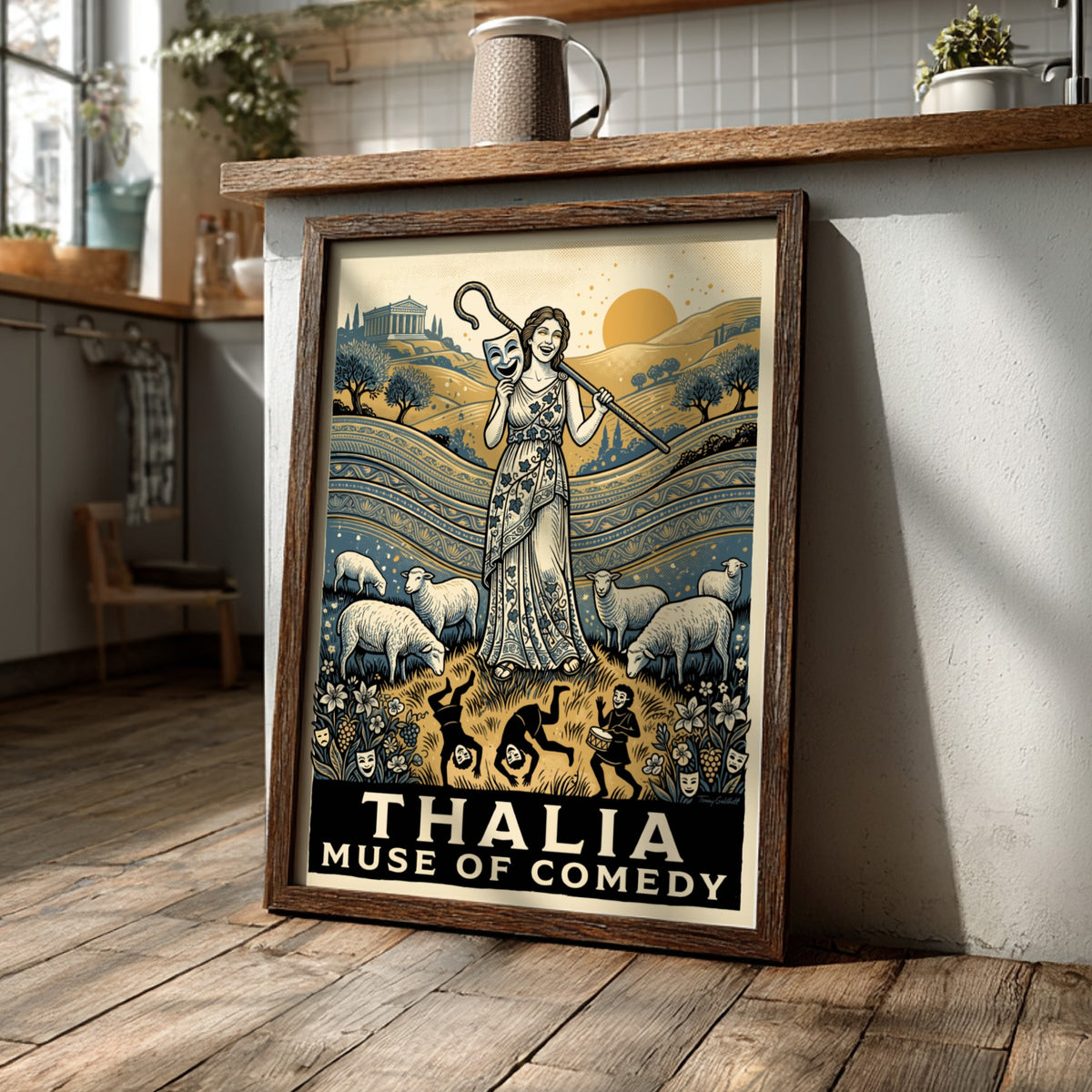 Poster featuring Thalia Muse of Comedy with a theatre mask and grazing sheep