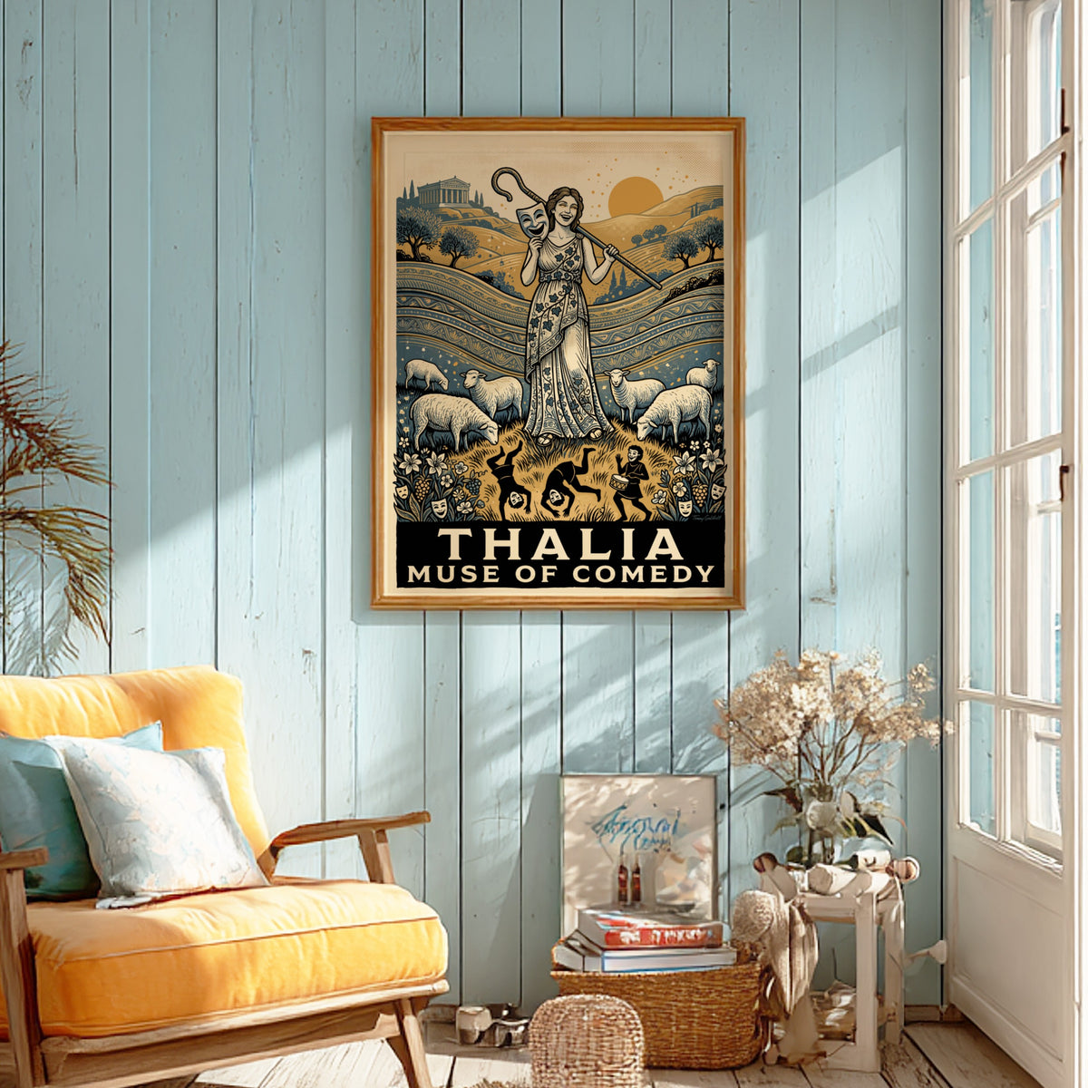 Poster featuring Thalia Muse of Comedy with a theatre mask and grazing sheep