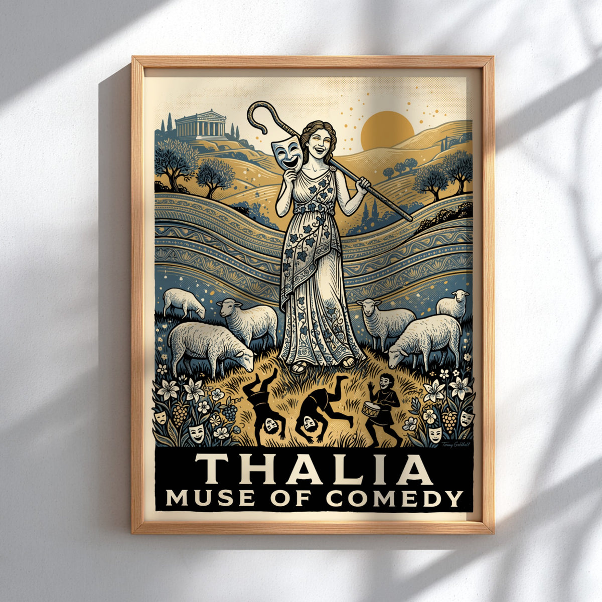 Poster featuring Thalia Muse of Comedy with a theatre mask and grazing sheep