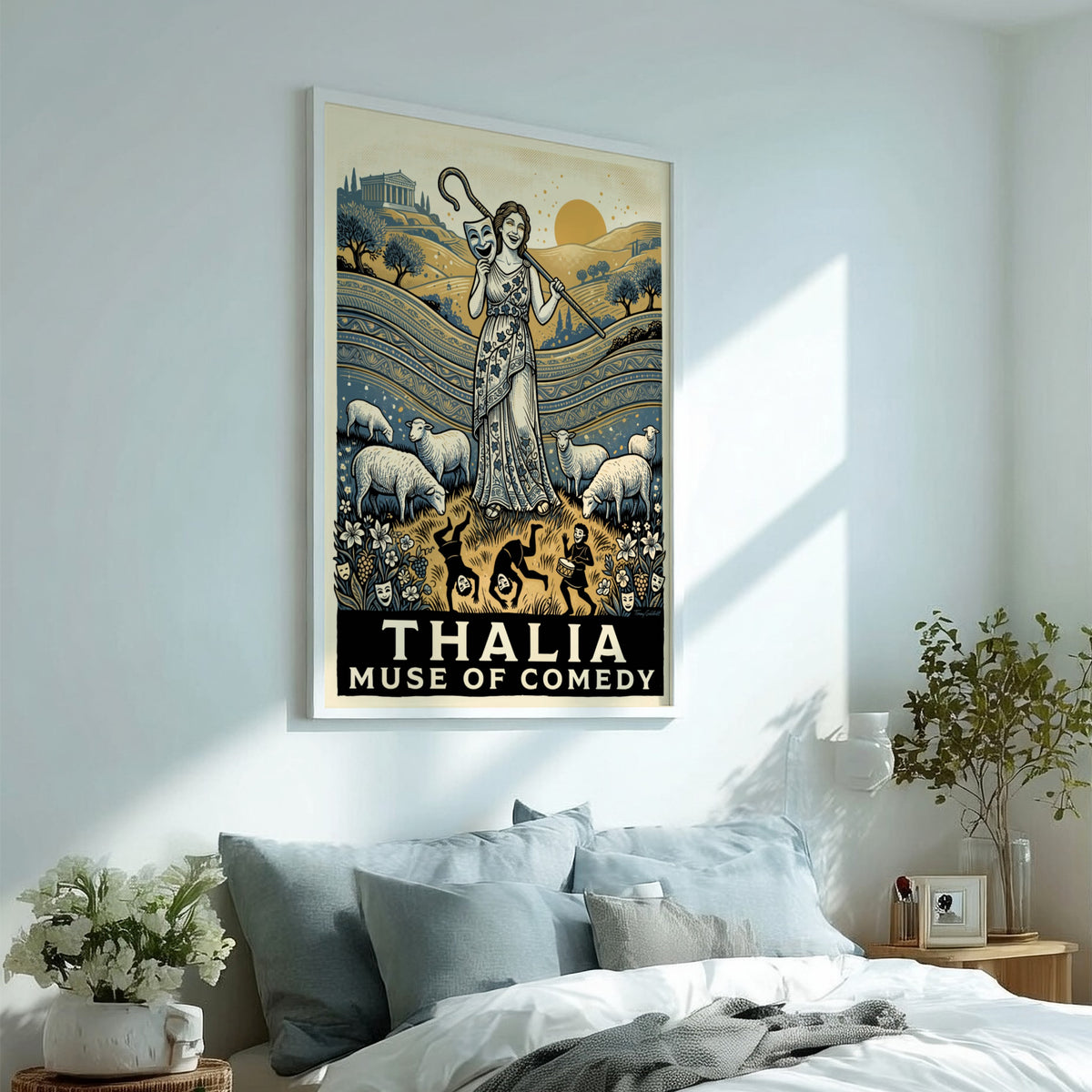 Poster featuring Thalia Muse of Comedy with a theatre mask and grazing sheep