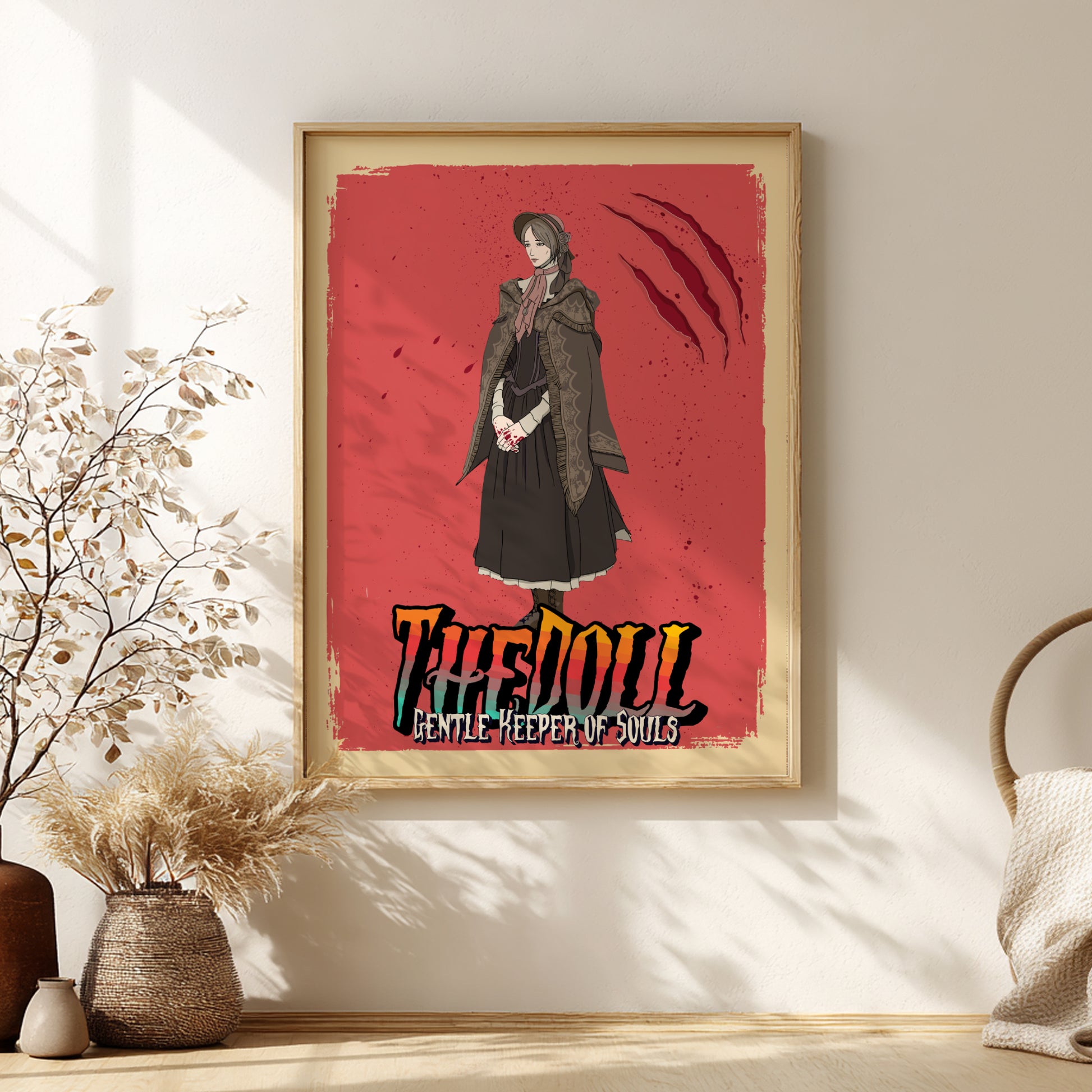 Framed artwork of The Doll from Bloodborne on a red background, placed on a wall with decorative elements.