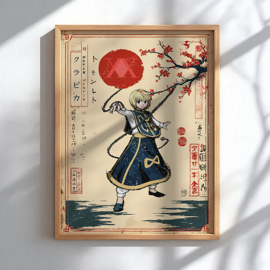 Framed artwork of a character holding a branch with red flowers on a light background