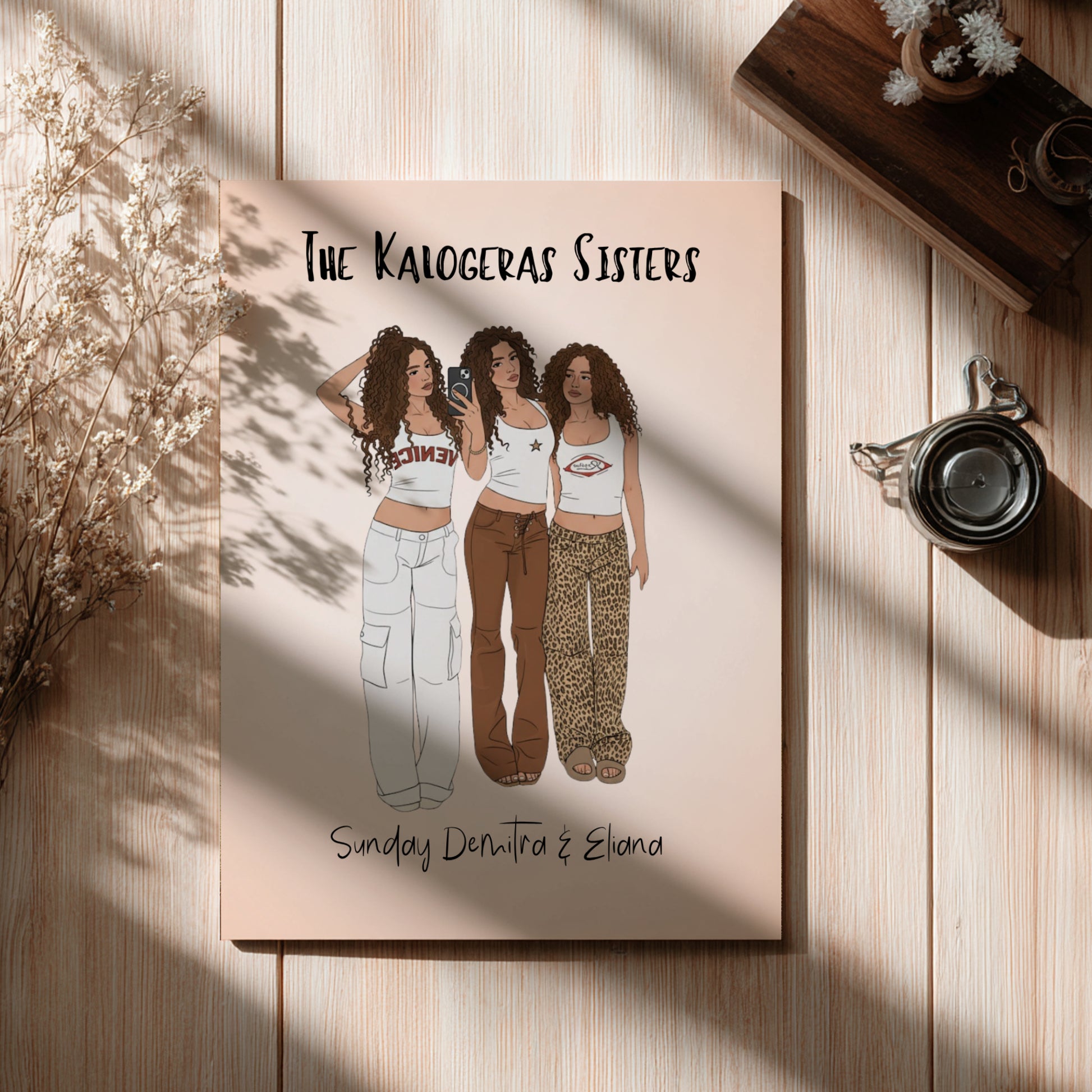 Poster of 'The Kanogeras Sisters' with illustrations of three women on a wooden surface.