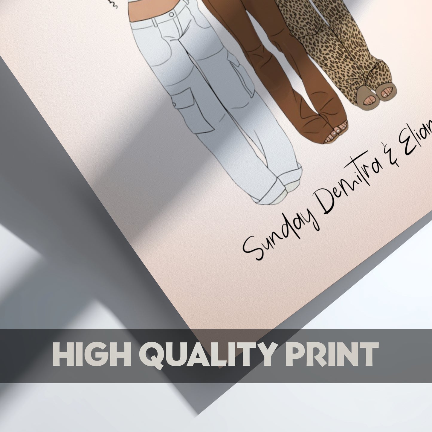 Fashion illustration of a person wearing jeans and shoes on a gradient background with 'Sunday Demitra & Eliana' text.