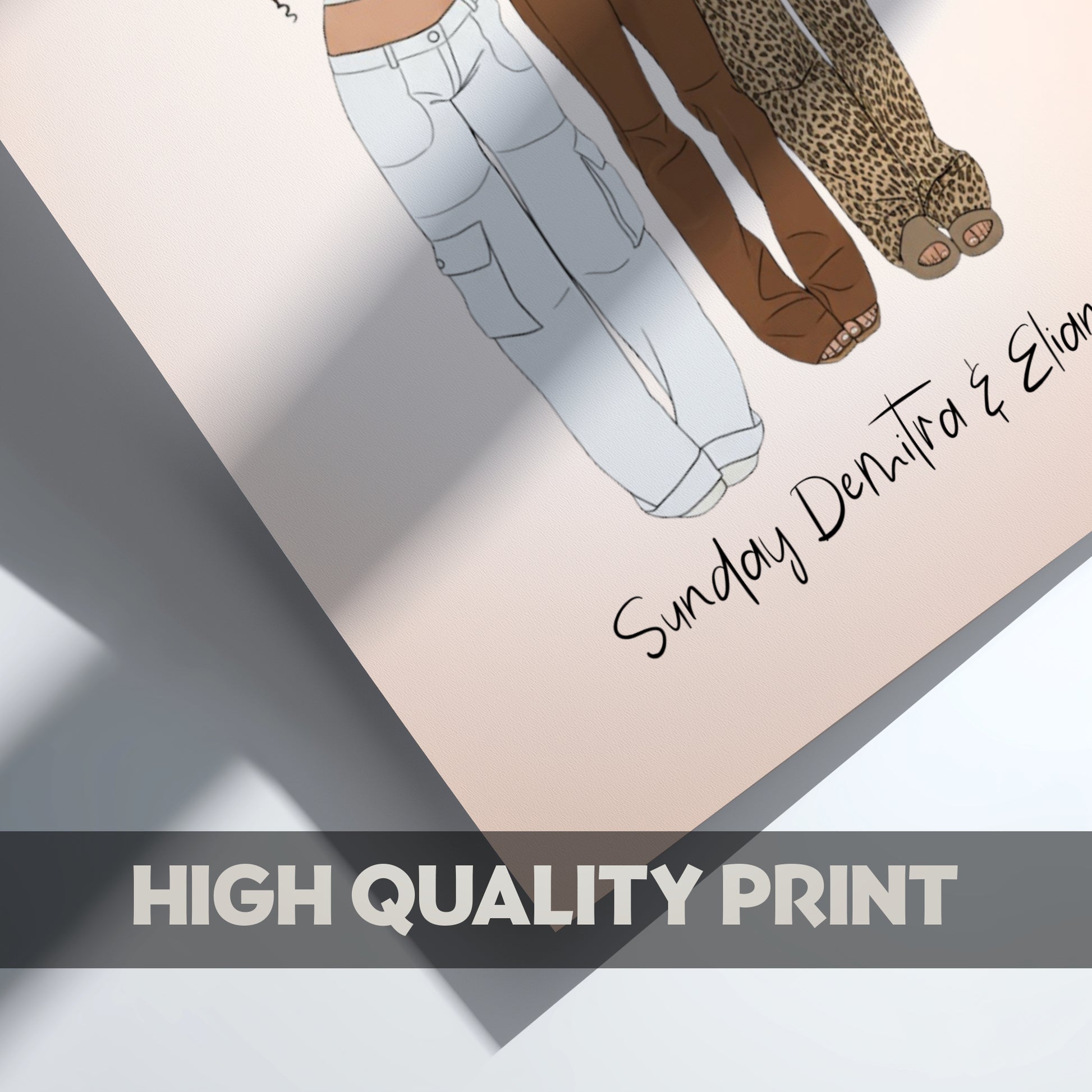 Fashion illustration of a person wearing jeans and shoes on a gradient background with 'Sunday Demitra & Eliana' text.