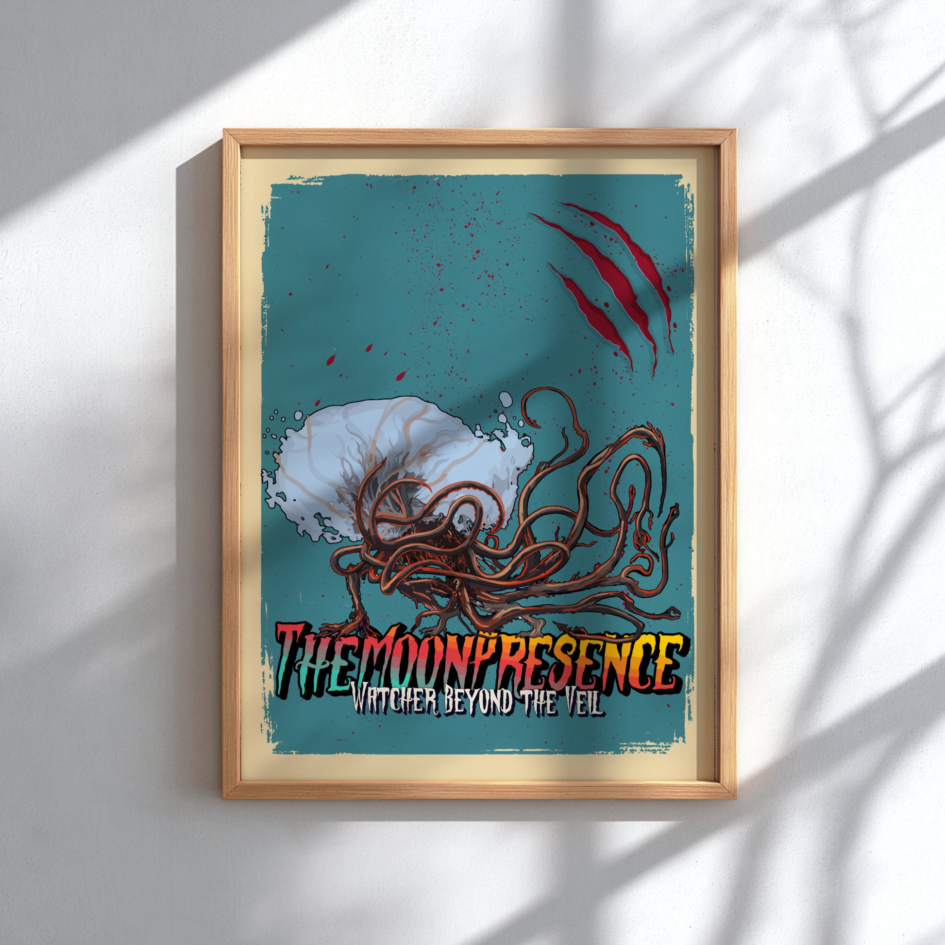 Framed artwork The Moon Presence from Bloodborne on a teal background
