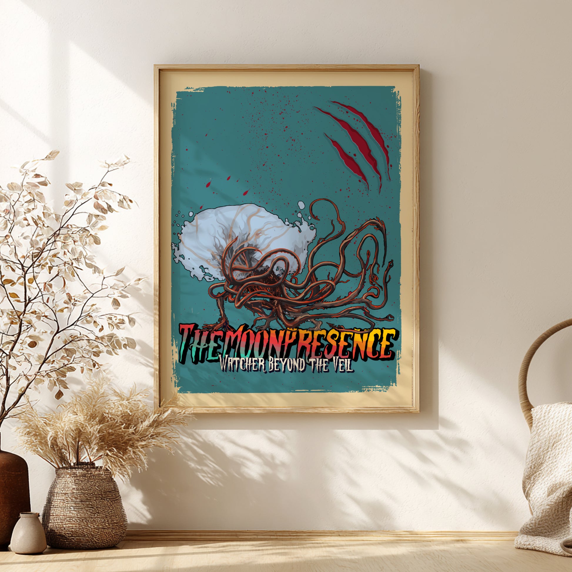 Framed artwork of The Moon Presence from Bloodborne on a teal background, displayed on a wall.