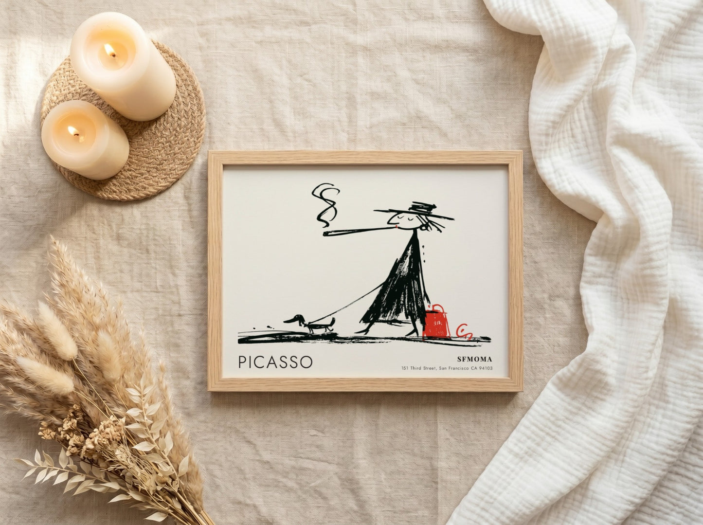 Wall art print featuring a playful black and white illustration by Pablo Picasso with an acrobat theme.