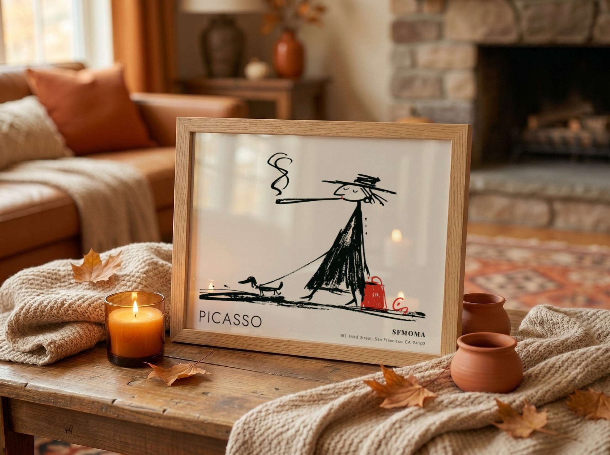 Wall art print featuring a playful black and white illustration by Pablo Picasso with an acrobat theme.