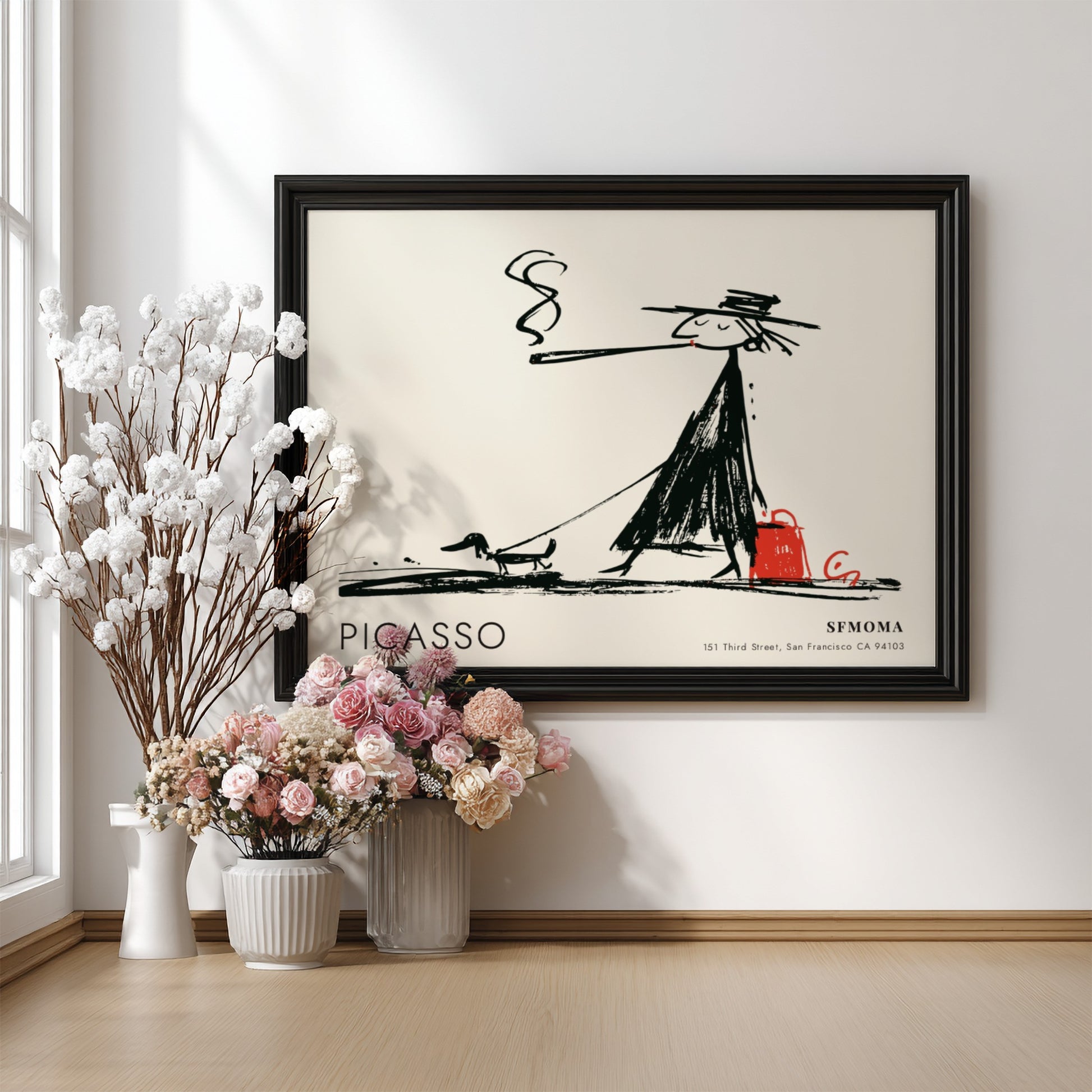 Wall art print featuring a playful black and white illustration by Pablo Picasso with an acrobat theme.