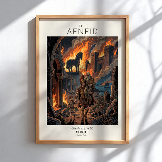 Poster featuring Aeneas carrying his father from burning Troy with the Trojan horse visible