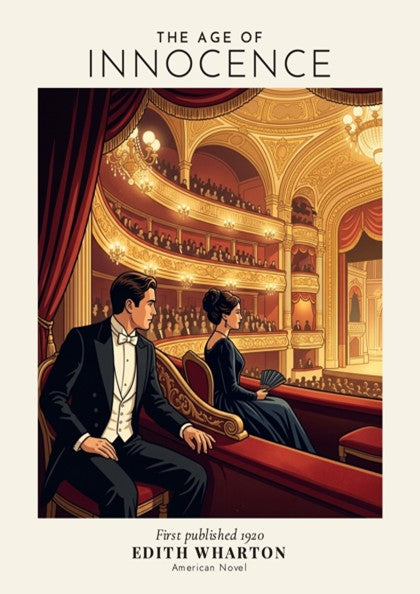 Poster featuring a man and woman in an ornate opera house, Age of Innocence.