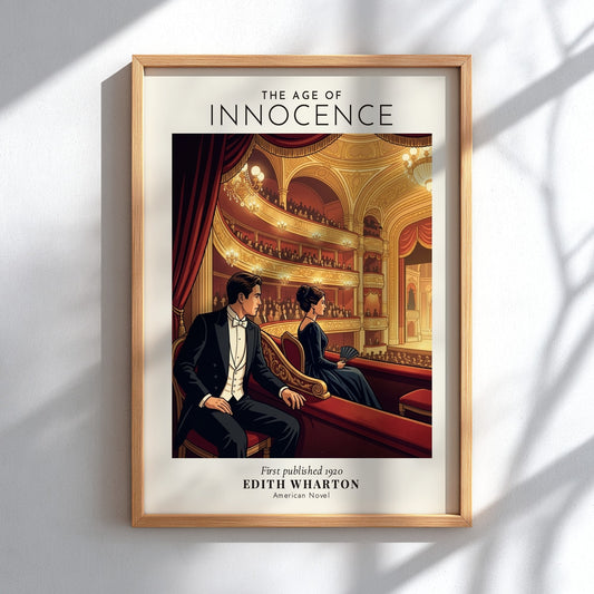 Poster featuring a man and woman in an ornate opera house, Age of Innocence.
