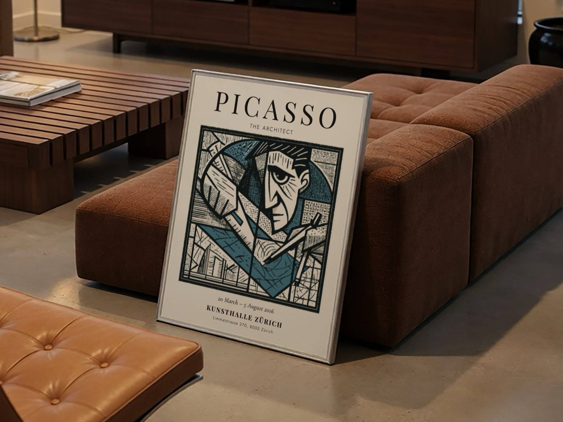 Picasso inspired poster featuring geometric shapes in monochrome style