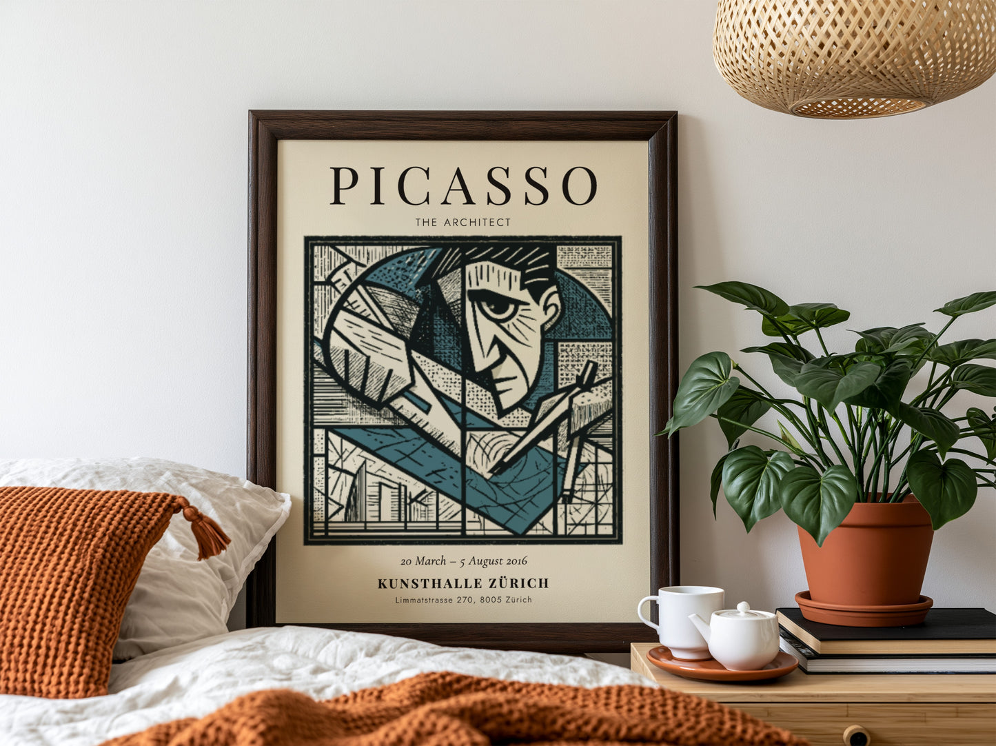 Picasso inspired poster featuring geometric shapes in monochrome style
