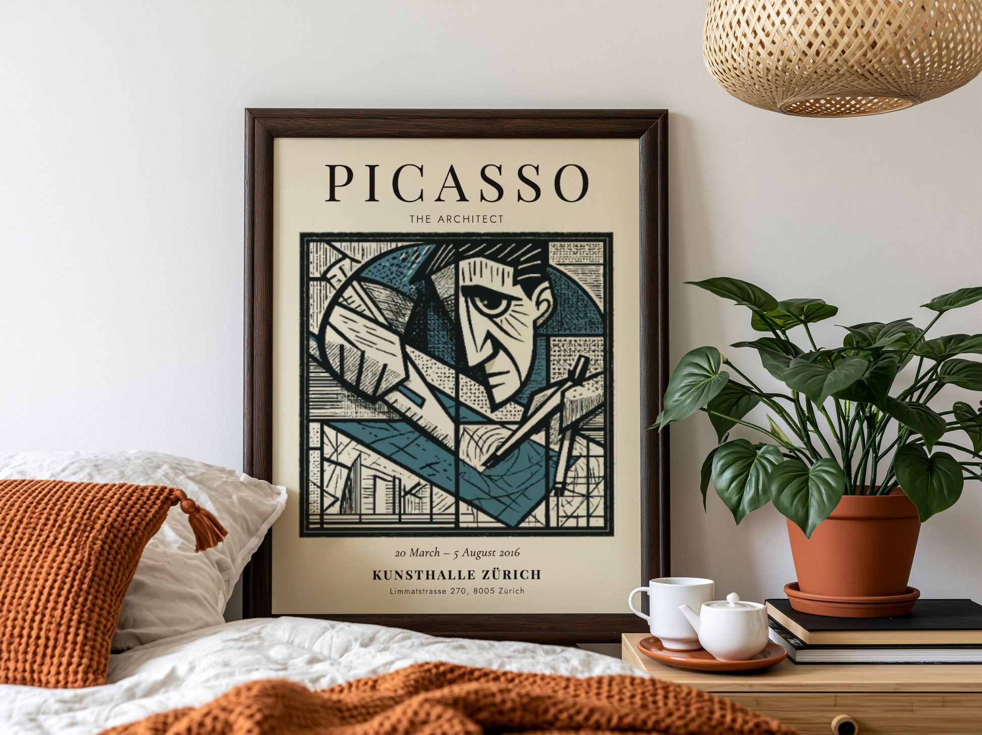 Picasso inspired poster featuring geometric shapes in monochrome style