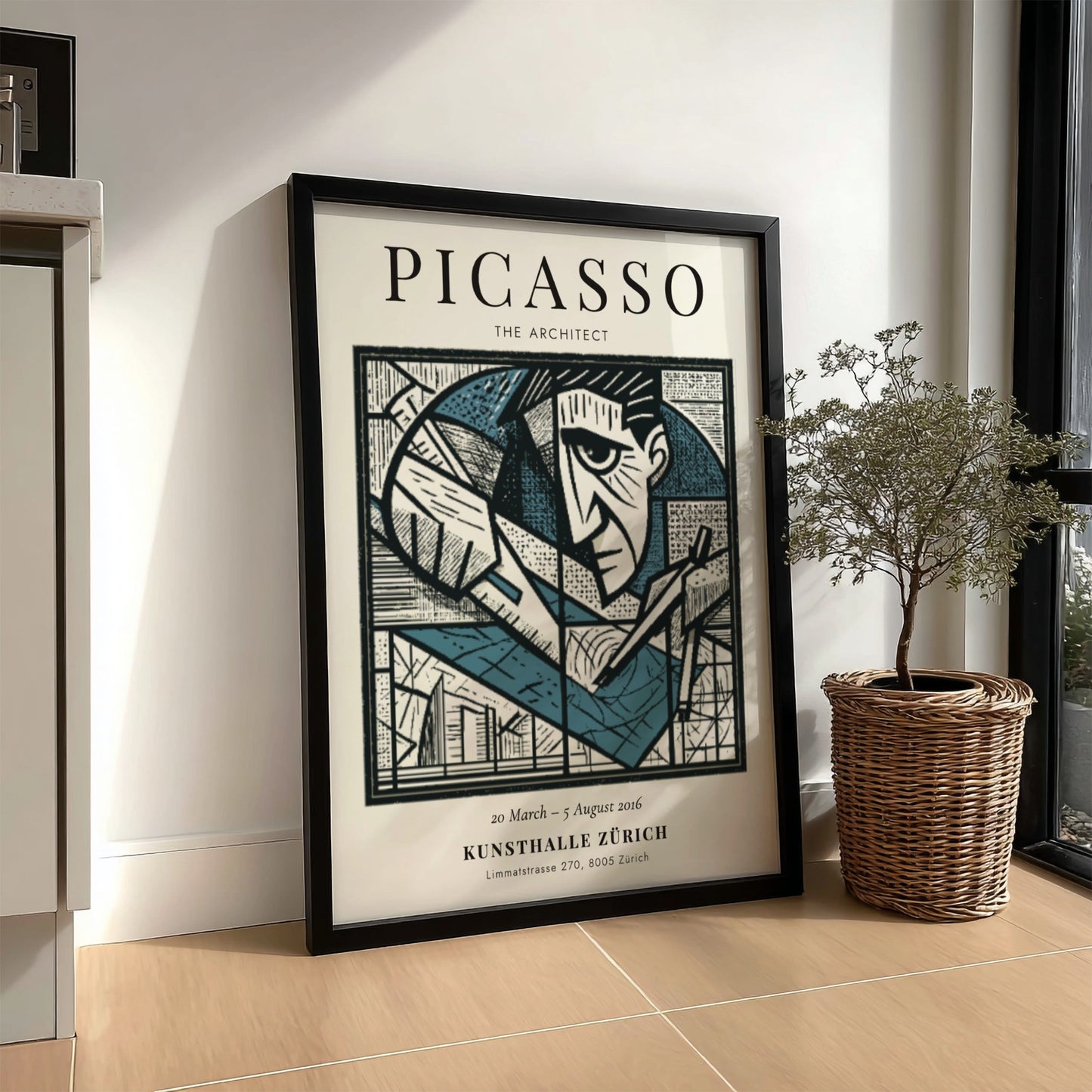Picasso inspired poster featuring geometric shapes in monochrome style