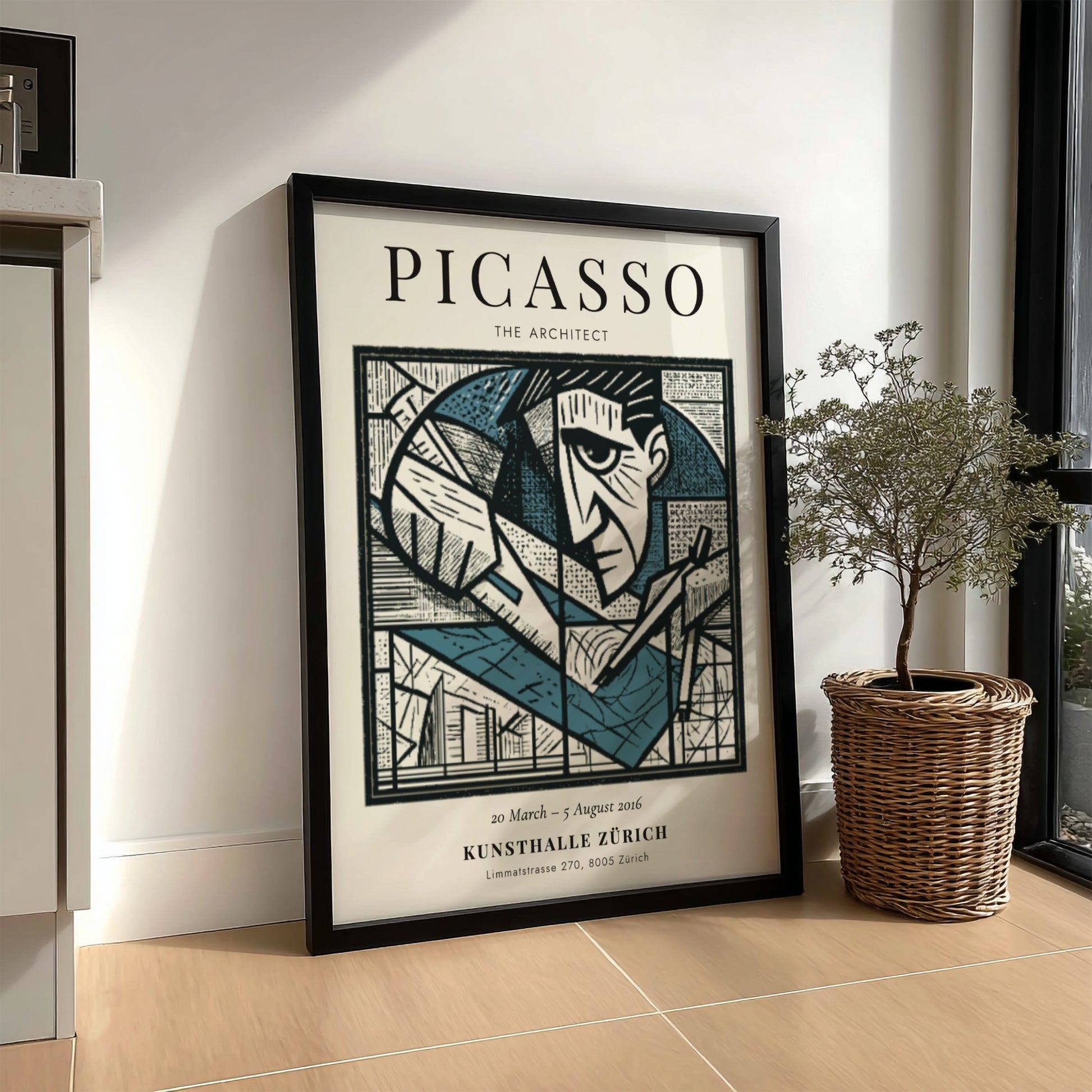 Picasso inspired poster featuring geometric shapes in monochrome style