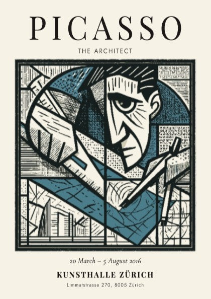 Picasso inspired poster featuring geometric shapes in monochrome style