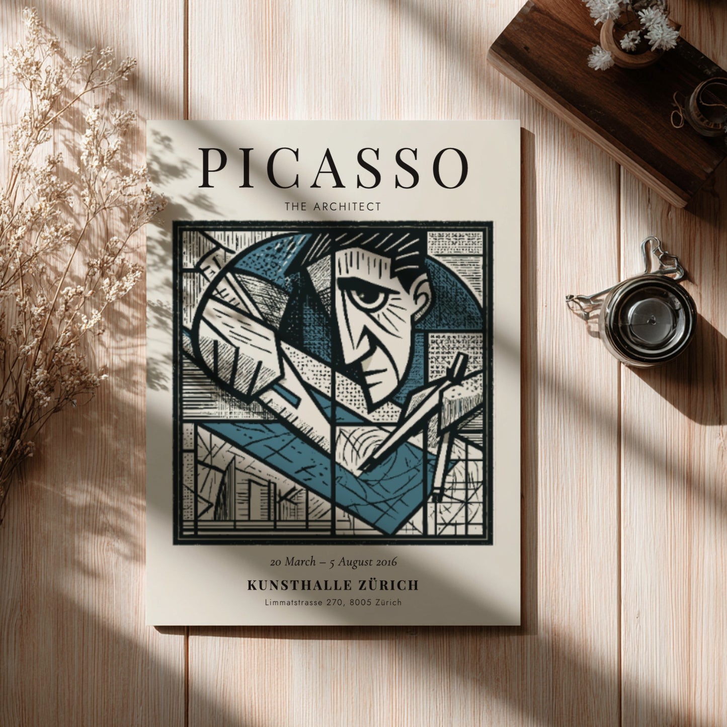 Picasso inspired poster featuring geometric shapes in monochrome style