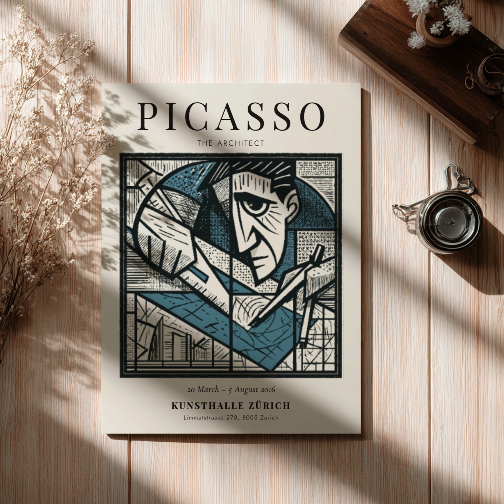 Picasso inspired poster featuring geometric shapes in monochrome style