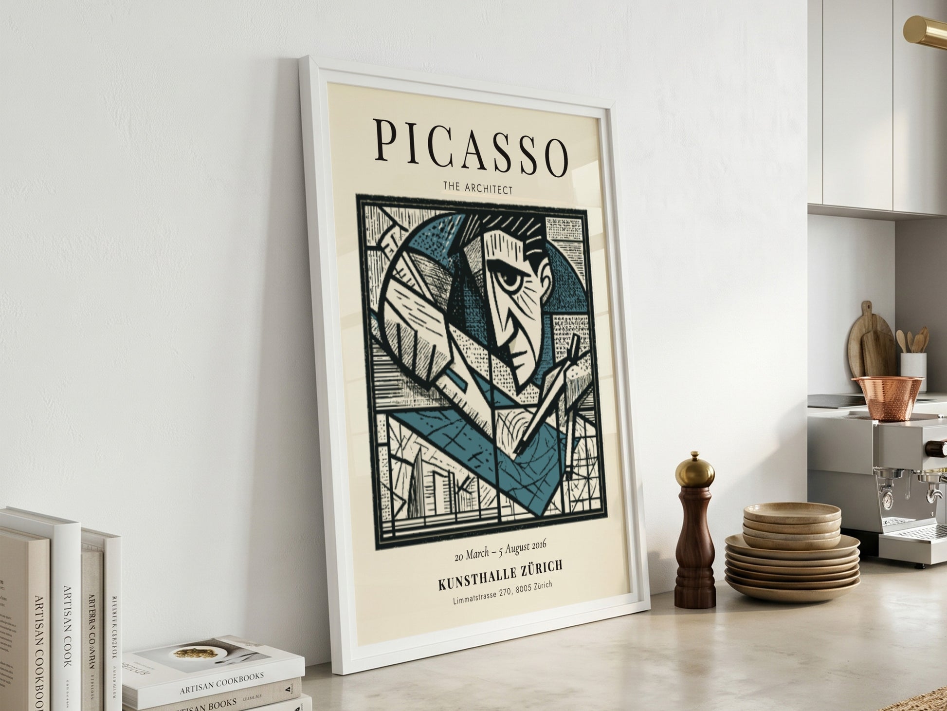 Picasso inspired poster featuring geometric shapes in monochrome style