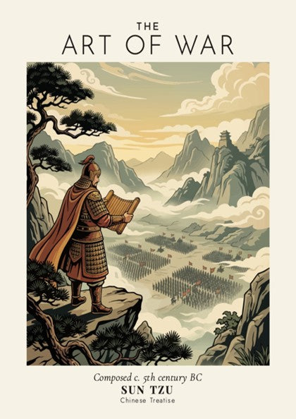 Poster featuring Sun Tzu on a cliff overlooking an army in neutral earth tones