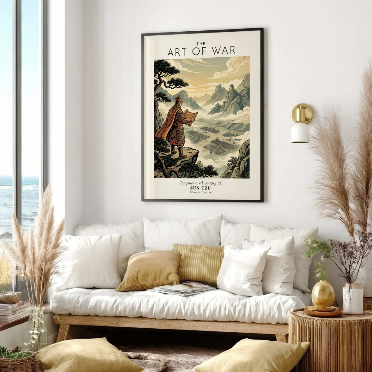Poster featuring Sun Tzu on a cliff overlooking an army in neutral earth tones