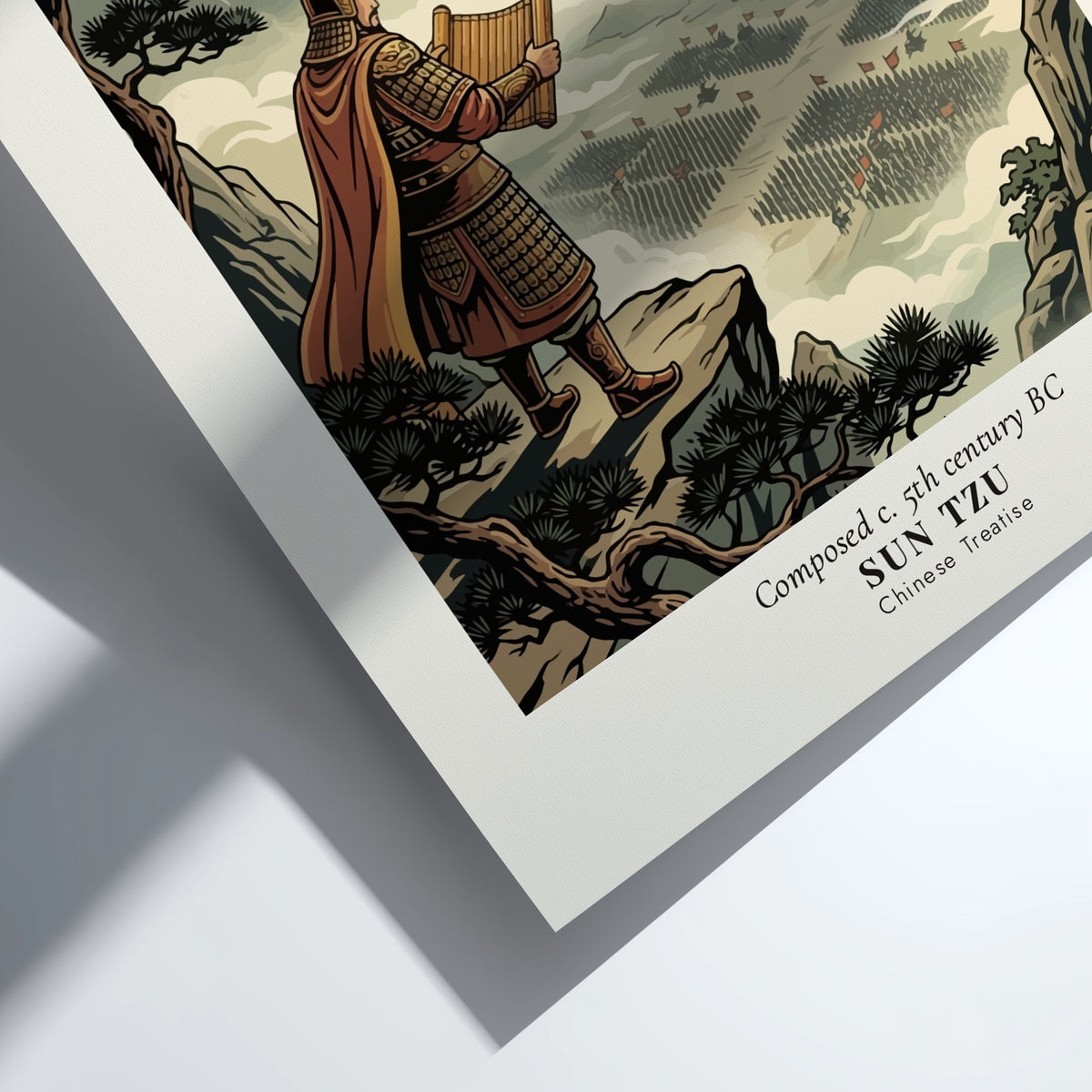 Poster featuring Sun Tzu on a cliff overlooking an army in neutral earth tones