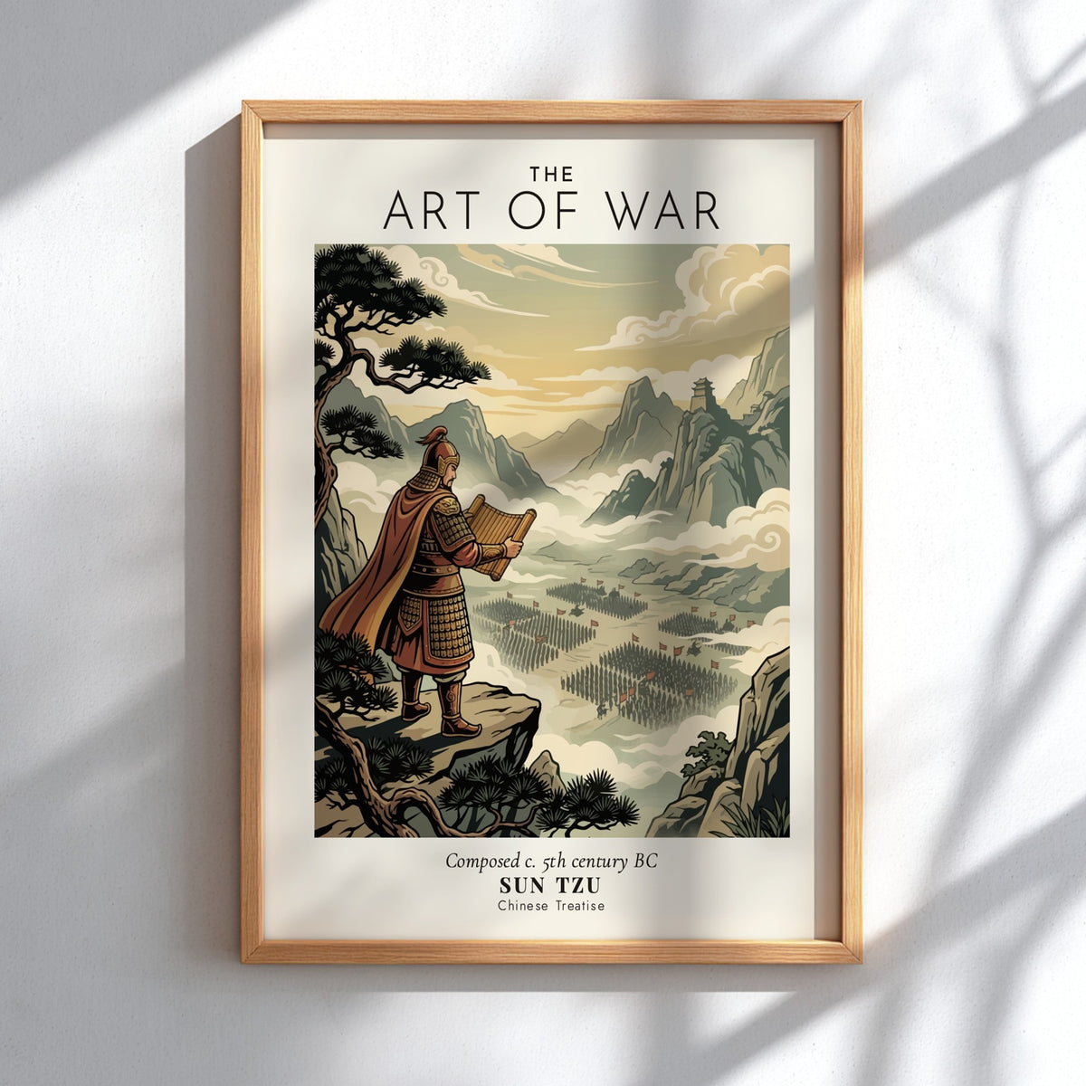 Poster featuring Sun Tzu on a cliff overlooking an army in neutral earth tones
