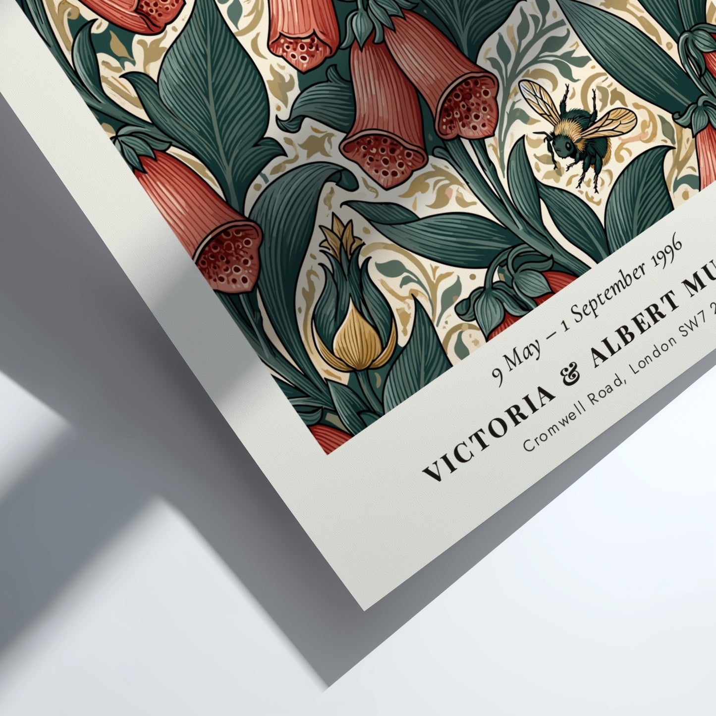 William Morris poster featuring floral designs and bees in vibrant colors