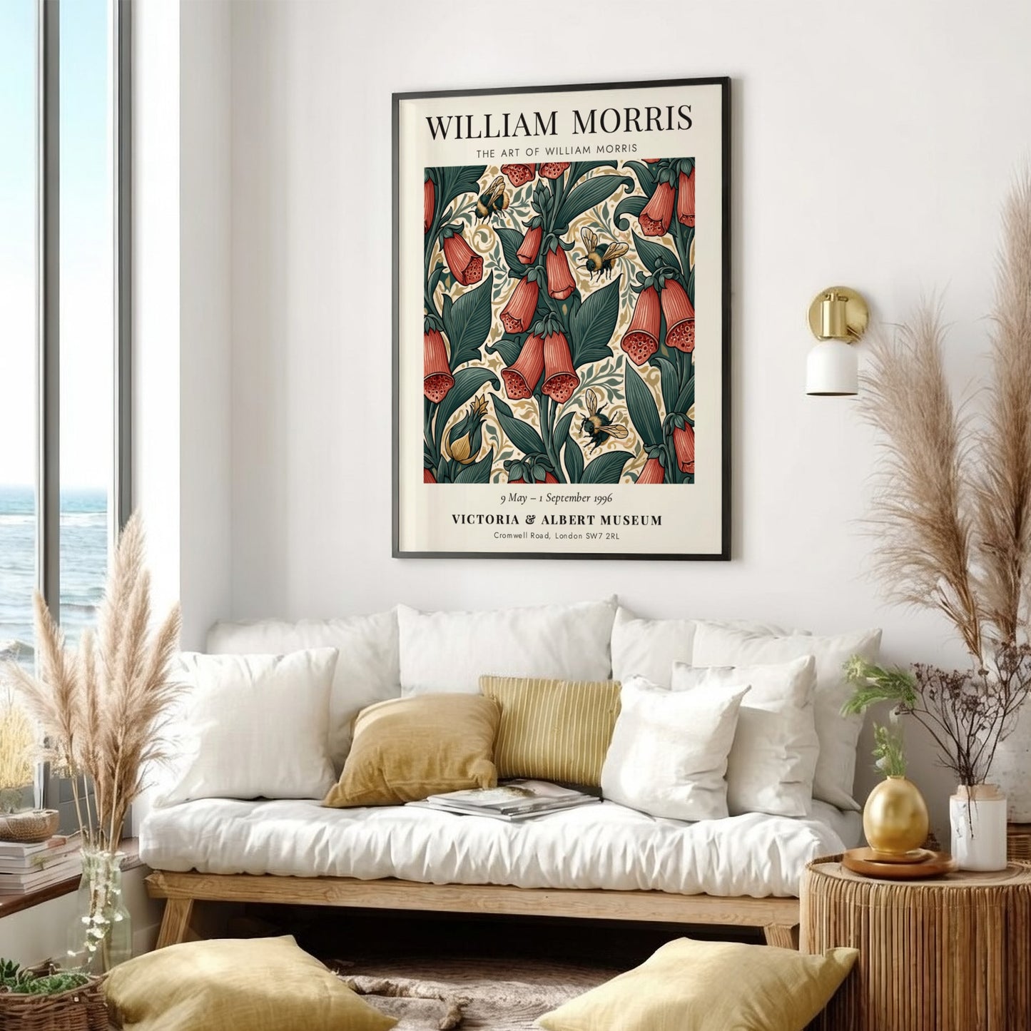 William Morris poster featuring floral designs and bees in vibrant colors