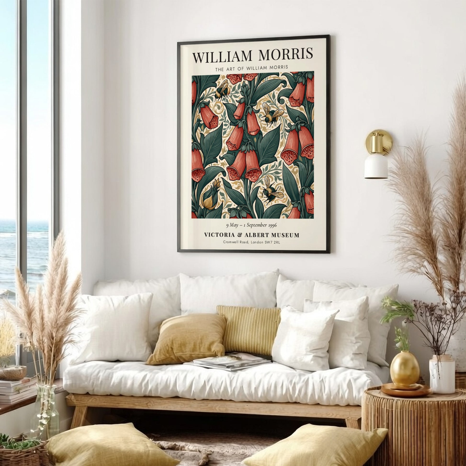 William Morris poster featuring floral designs and bees in vibrant colors