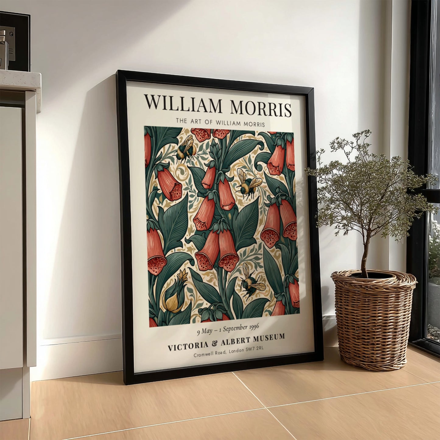 William Morris poster featuring floral designs and bees in vibrant colors