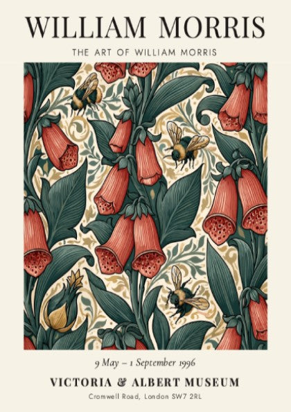 William Morris poster featuring floral designs and bees in vibrant colors