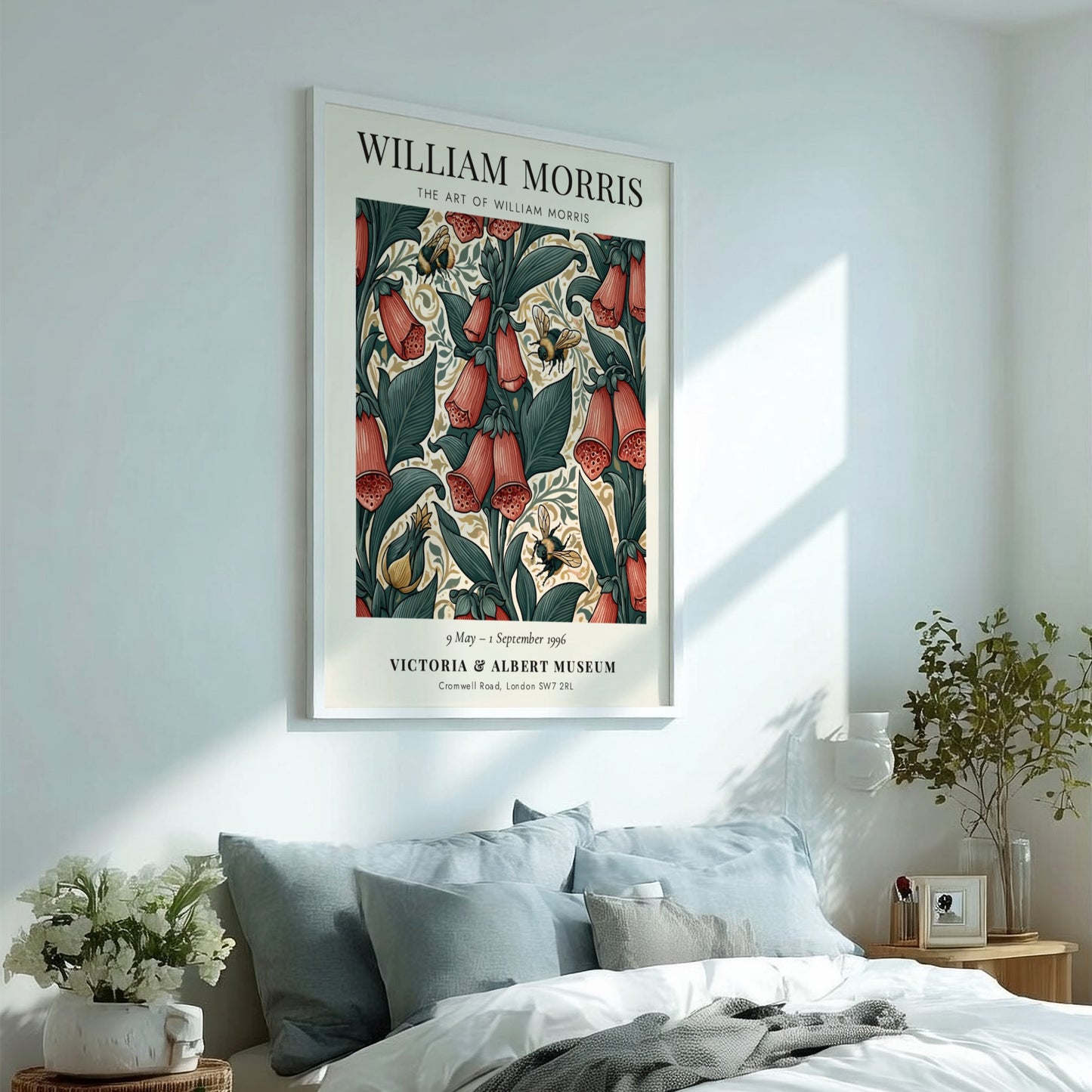 William Morris poster featuring floral designs and bees in vibrant colors