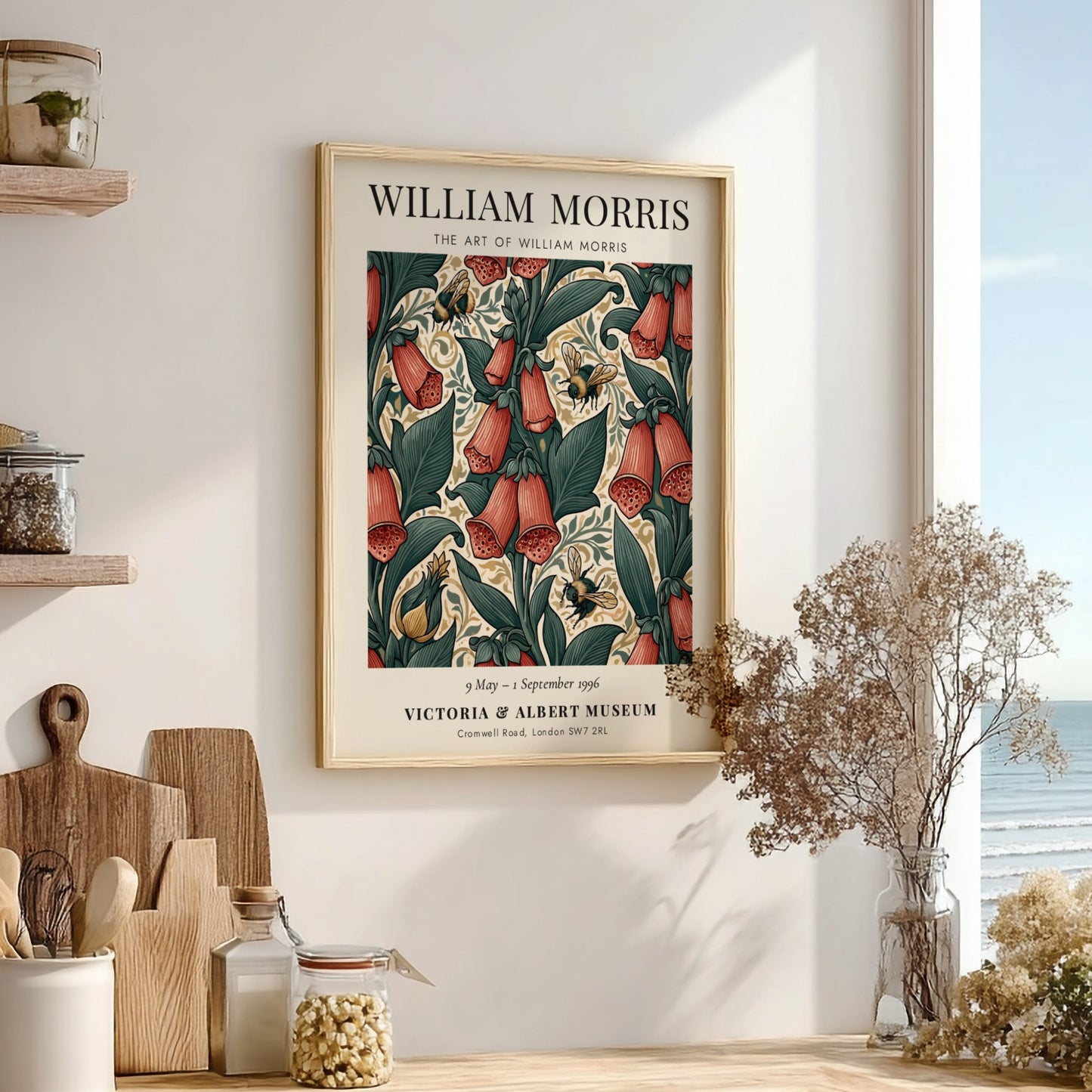 William Morris poster featuring floral designs and bees in vibrant colors