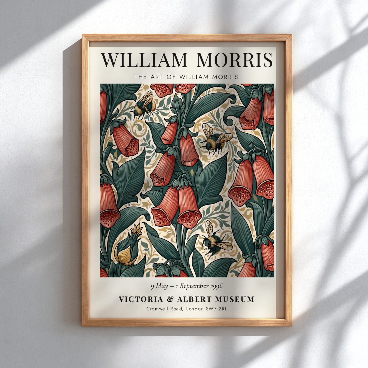 William Morris poster featuring floral designs and bees in vibrant colors