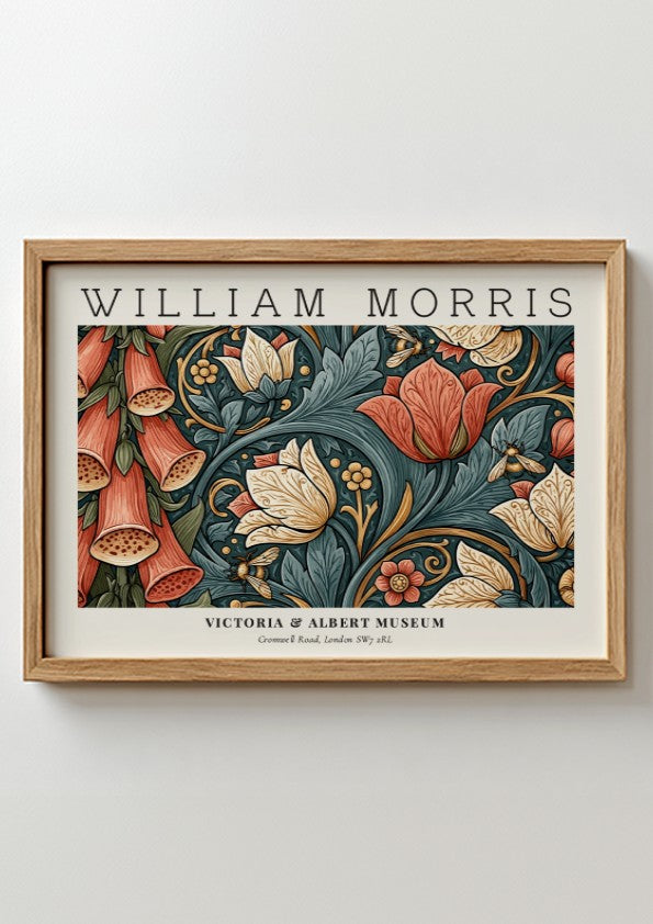 Floral wall art print featuring vibrant colors and intricate designs by William Morris