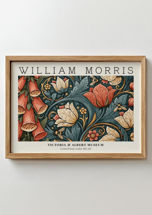 Floral wall art print featuring vibrant colors and intricate designs by William Morris