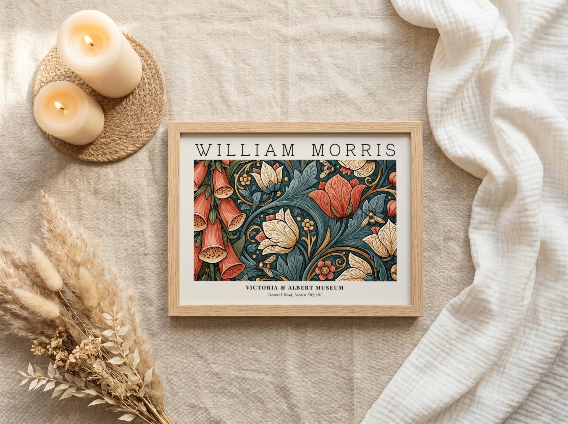 Floral wall art print featuring vibrant colors and intricate designs by William Morris
