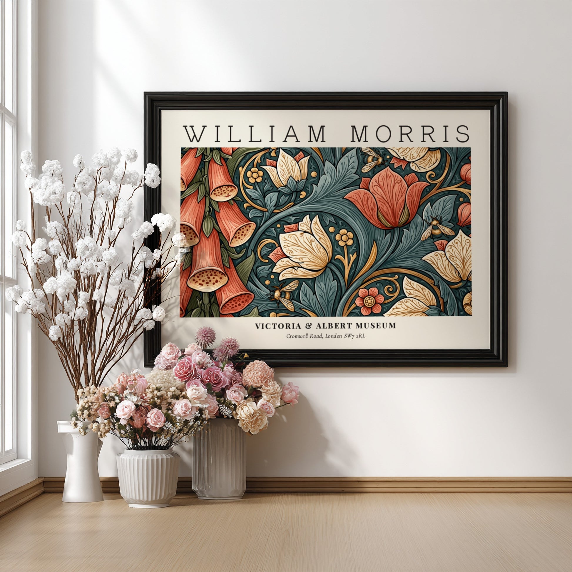 Floral wall art print featuring vibrant colors and intricate designs by William Morris