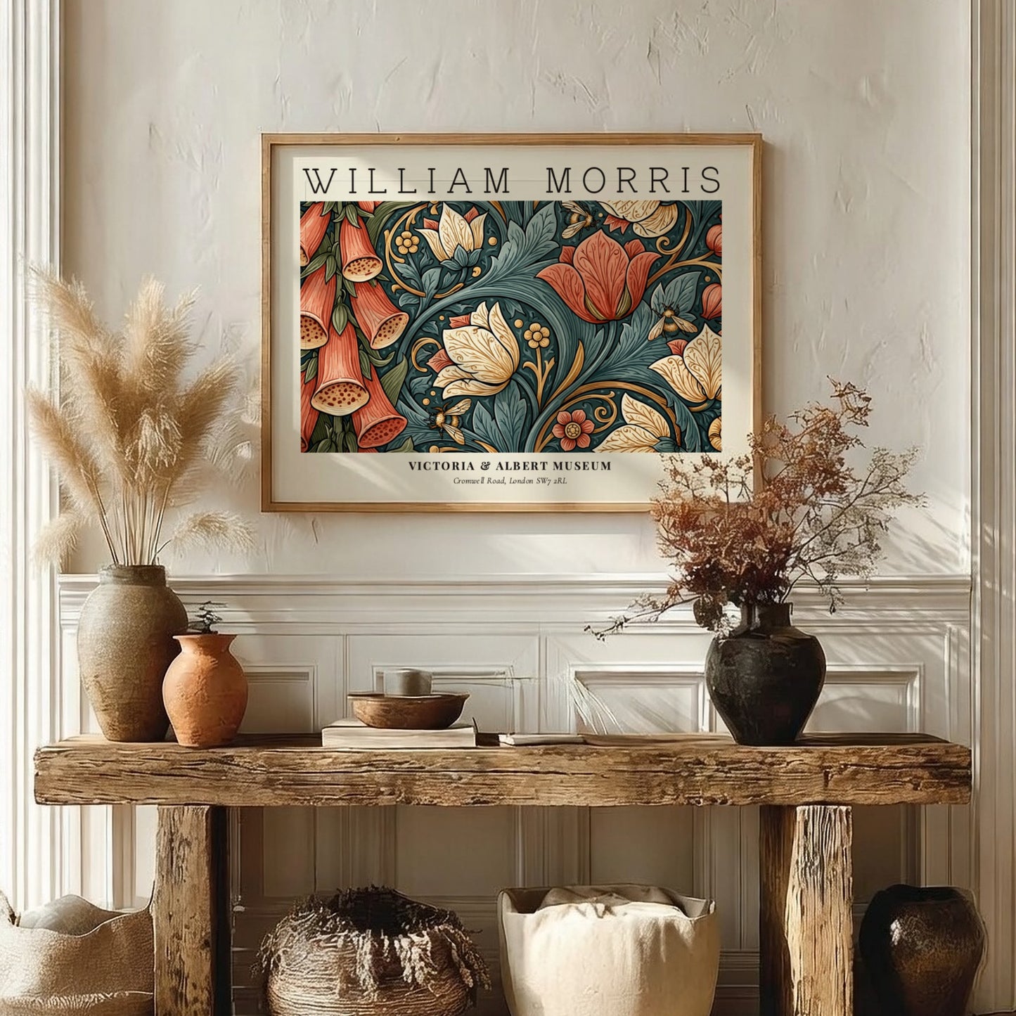 Floral wall art print featuring vibrant colors and intricate designs by William Morris