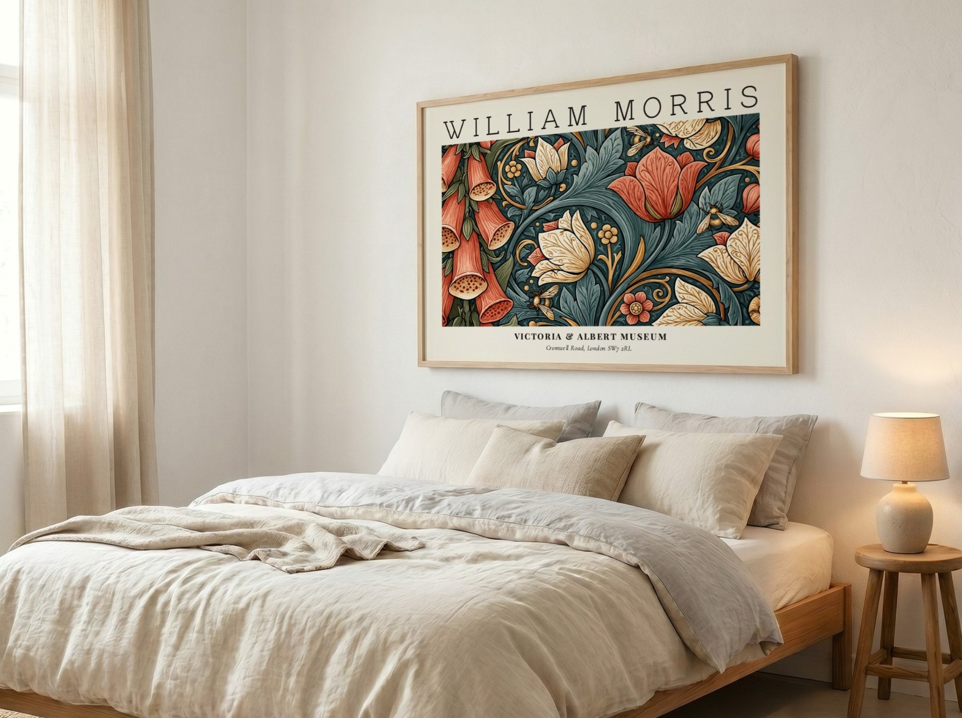 Floral wall art print featuring vibrant colors and intricate designs by William Morris