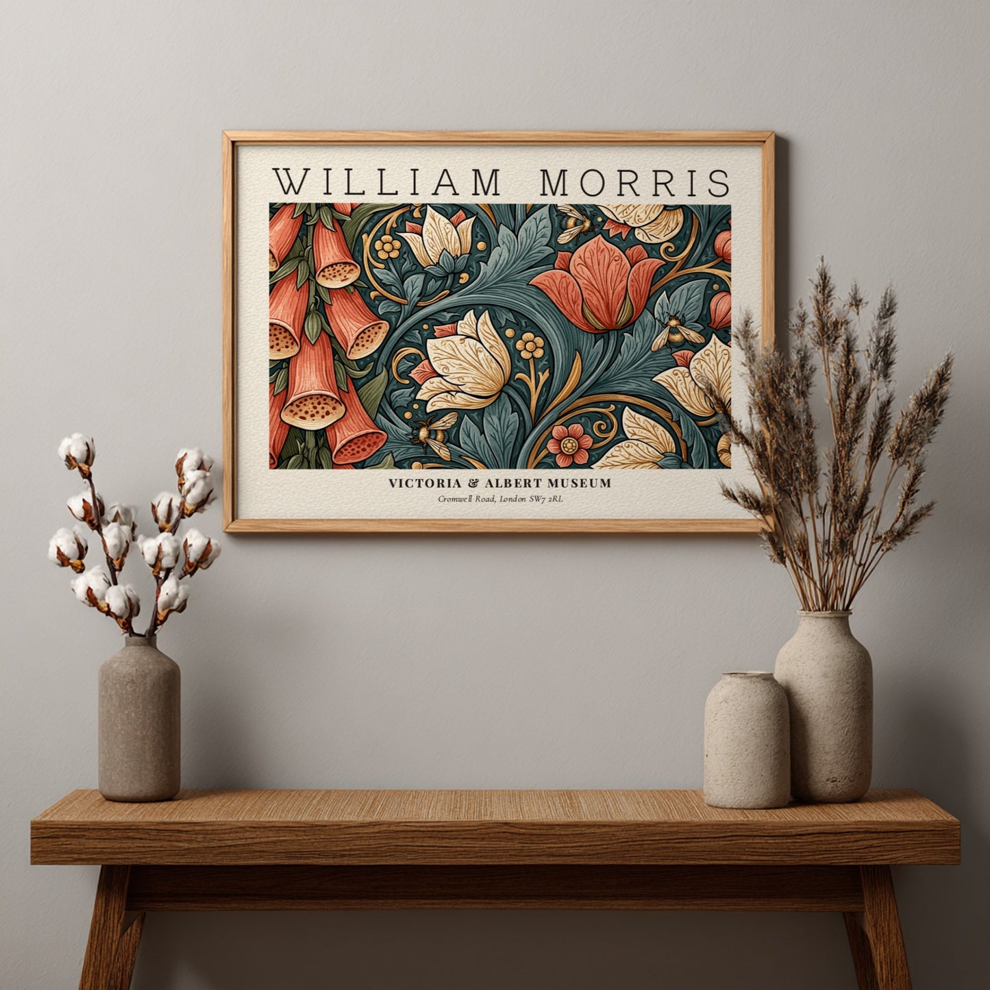 Floral wall art print featuring vibrant colors and intricate designs by William Morris