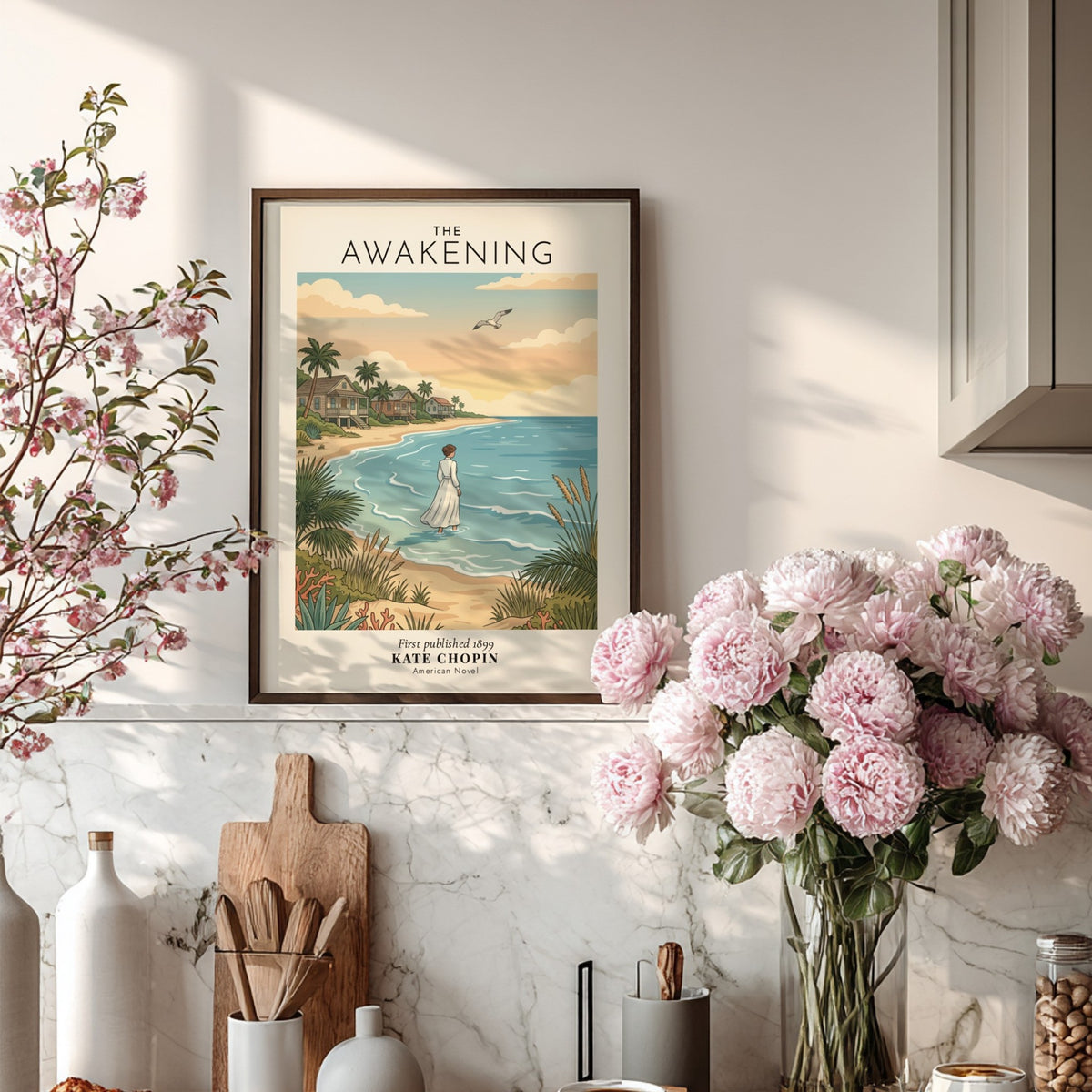 Poster of The Awakening by Kate Chopin featuring a woman walking on beach