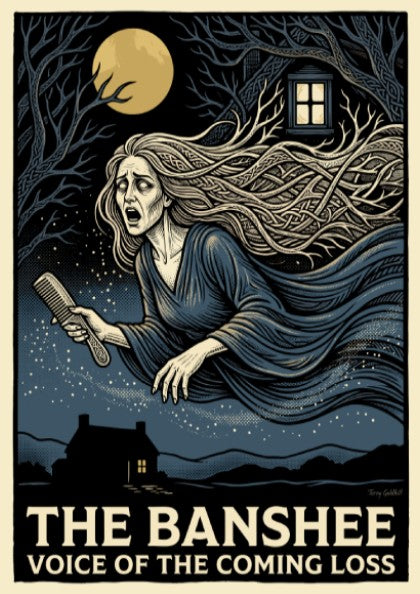 Poster featuring a crying Banshee with flowing hair and a comb in moonlight