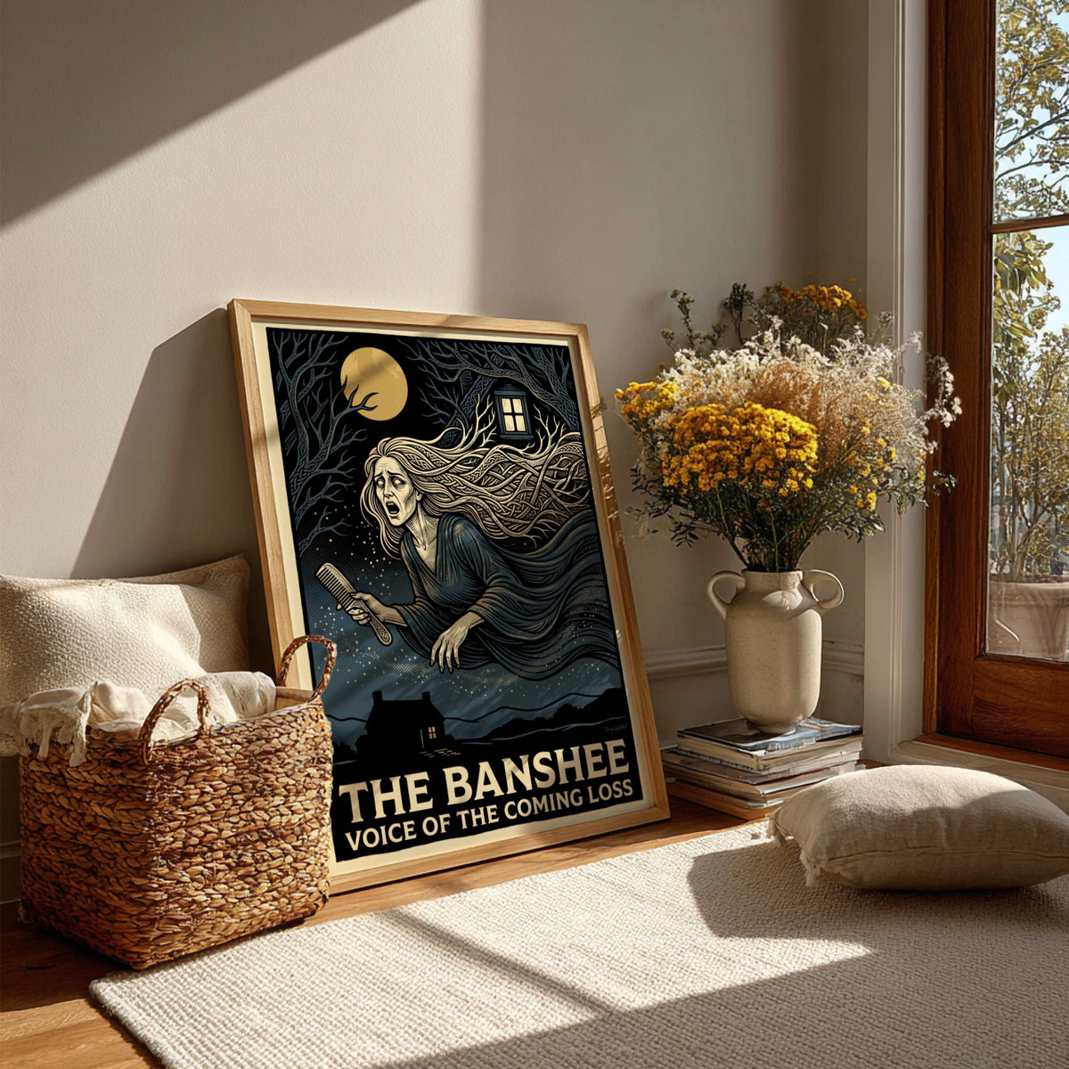 Poster featuring a crying Banshee with flowing hair and a comb in moonlight