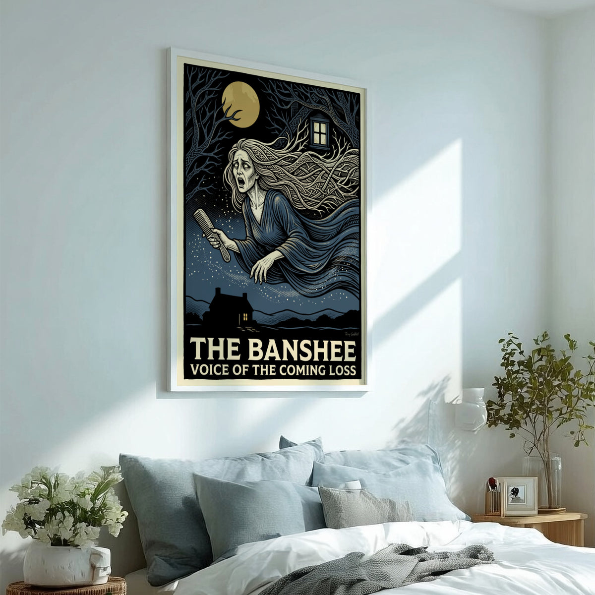Poster featuring a crying Banshee with flowing hair and a comb in moonlight
