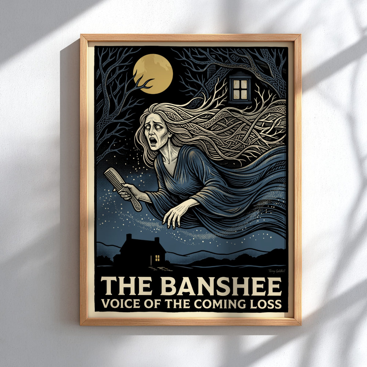 Poster featuring a crying Banshee with flowing hair and a comb in moonlight
